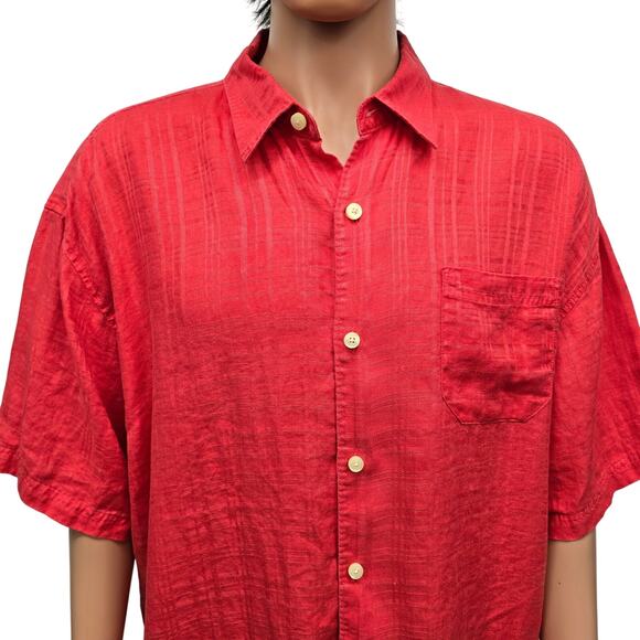 TOMMY BAHAMA Linen Shirt Men XXL 2XL Short Sleeved Coral Orange Red Plaid - Picture 5 of 12